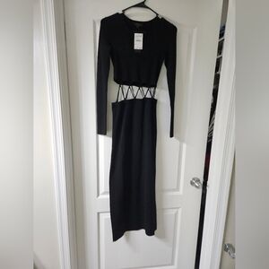 Black Long-Sleeve Maxi Dress with Waist Cutout